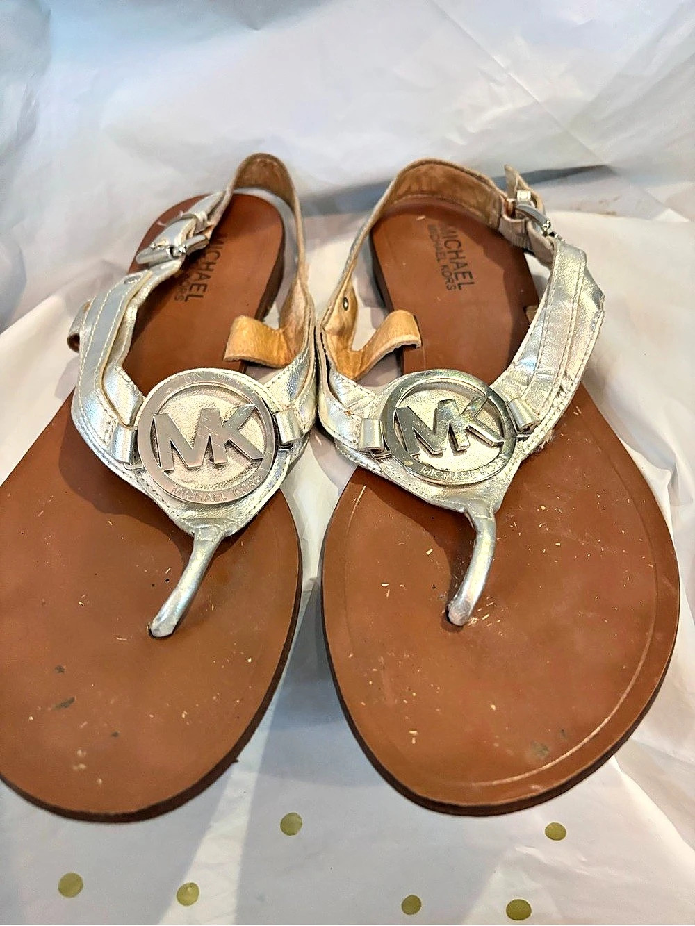 Michael Kors MK Plate Thong Sandal Silver & Brown